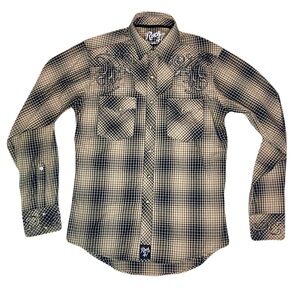 Men's Rustic Western Style Embroidered Plaid Shirt - Black and Tan